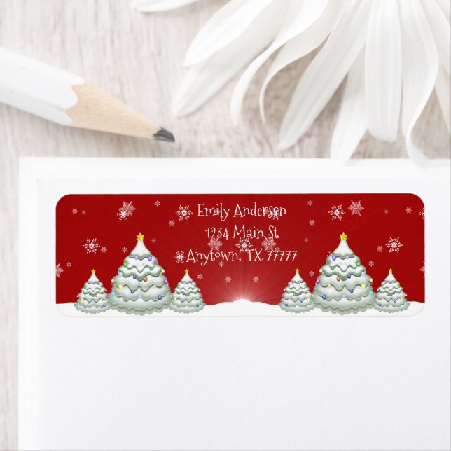 Red Snowy Christmas Tree Return Address Label (Insitu)