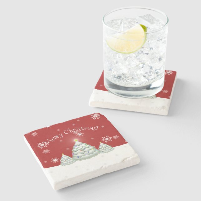 Red Snowy Christmas Tree Stone Coaster (Side)