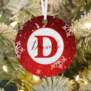 Red snowy personalised metal tree decoration