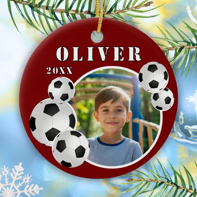 Red Soccer Ball Football Sports Photo Ceramic Ornament (Creator Uploaded)