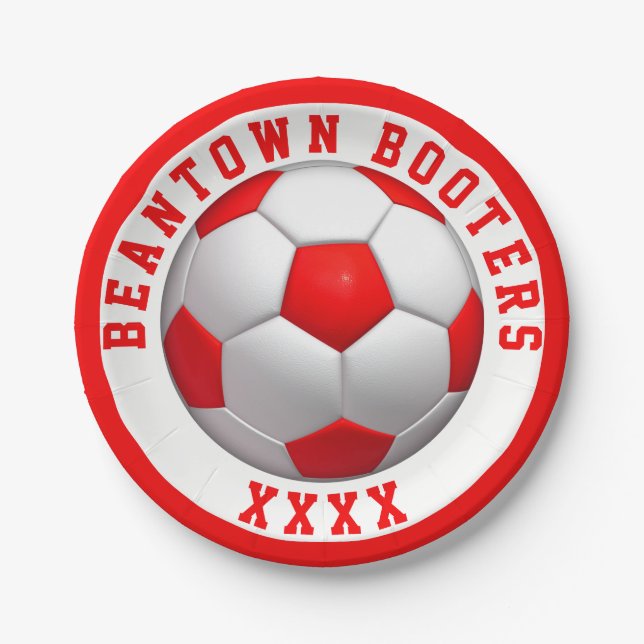 Red Soccer Ball Personalise Paper Plate (Front)