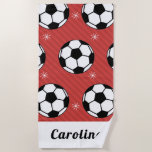 Red Soccer Ball Winter Striped Snowflake Name Cute Beach Towel<br><div class="desc">This cool towel would make a fantastic gift for a boy/girl,  who loves soccer! Easily add the desired name by clicking on the "personalise this template" option.</div>