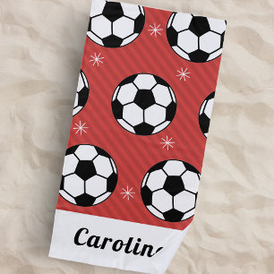 Red Soccer Ball Winter Striped Snowflake Name Cute Beach Towel