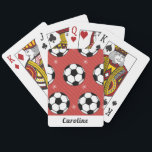 Red Soccer Ball Winter Striped Snowflake Name Cute Playing Cards<br><div class="desc">These cute playing cards featuring red festive soccer pattern & kids name would make a fantastic gift for a boy/girl,  who loves soccer! Easily add the desired name by clicking on the "personalise this template" option.</div>