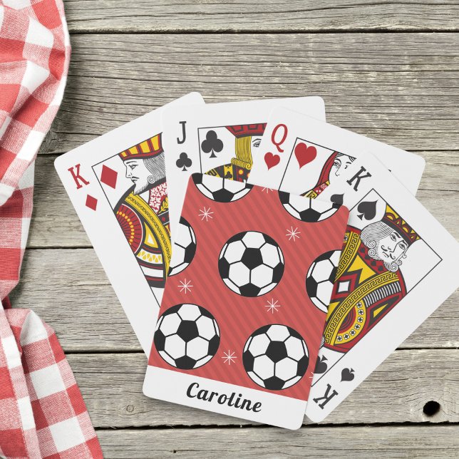 Red Soccer Ball Winter Striped Snowflake Name Cute Playing Cards (Creator Uploaded)