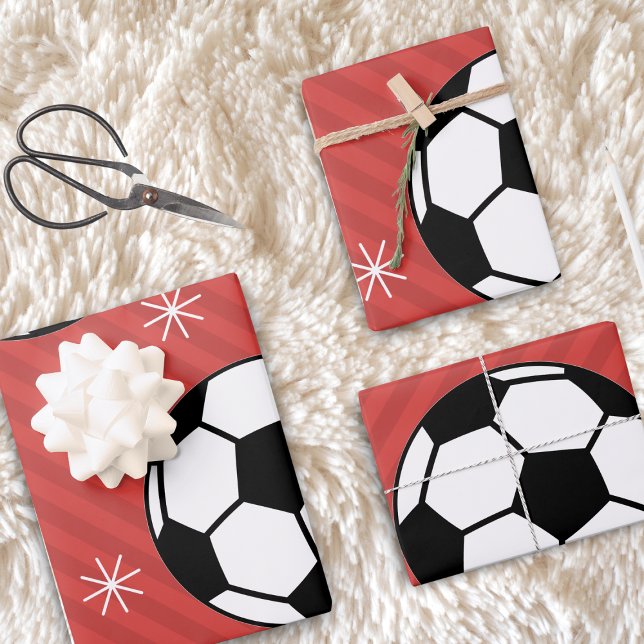 Red Soccer Christmas Striped Festive Ball & Snow  Wrapping Paper Sheet (Creator Uploaded)