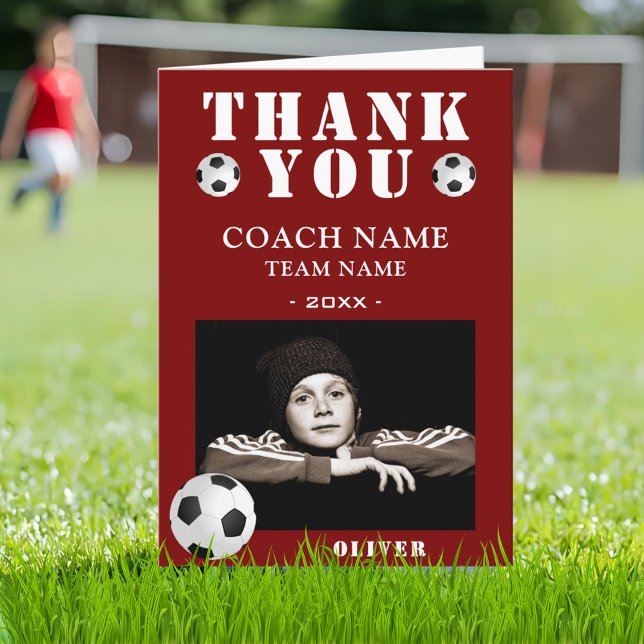 Red Soccer Football Sports Photo Coach  Thank You Card (Creator Uploaded)