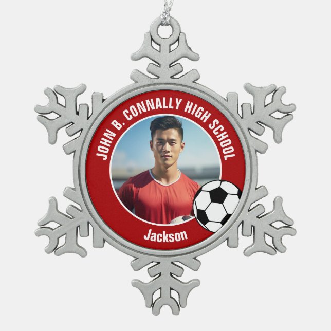 Red Soccer Player Photo High School Spirit Snowflake Pewter Christmas Ornament (Front)