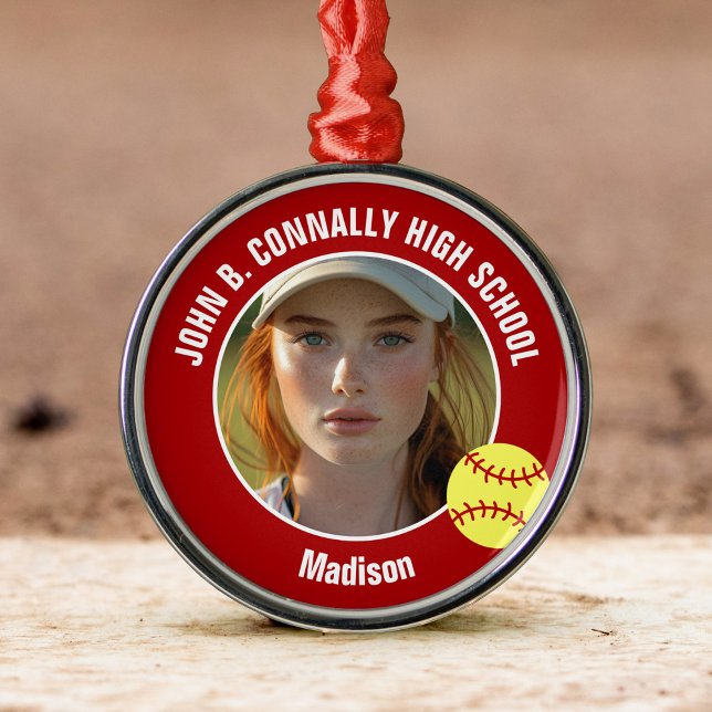 Red Softball Player Photo High School Christmas Metal Ornament (Creator Uploaded)