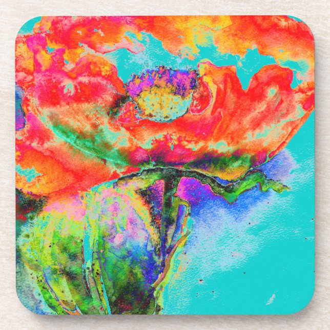 Red Solar Poppy - blue Coaster (Front)