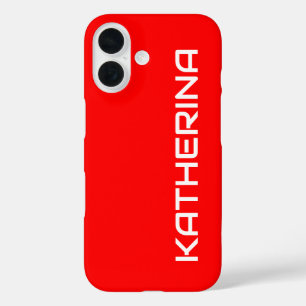 Red Solid Colour   Classic White Name iPhone 16 Case
