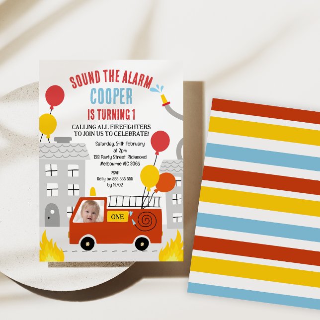 Red Sound The Alarm Fire Engine 1st Birthday Invitation (Sound The Alarm Fire Engine 1st Birthday Invitation, Fire Engine Themed birthday, Balloons Red)