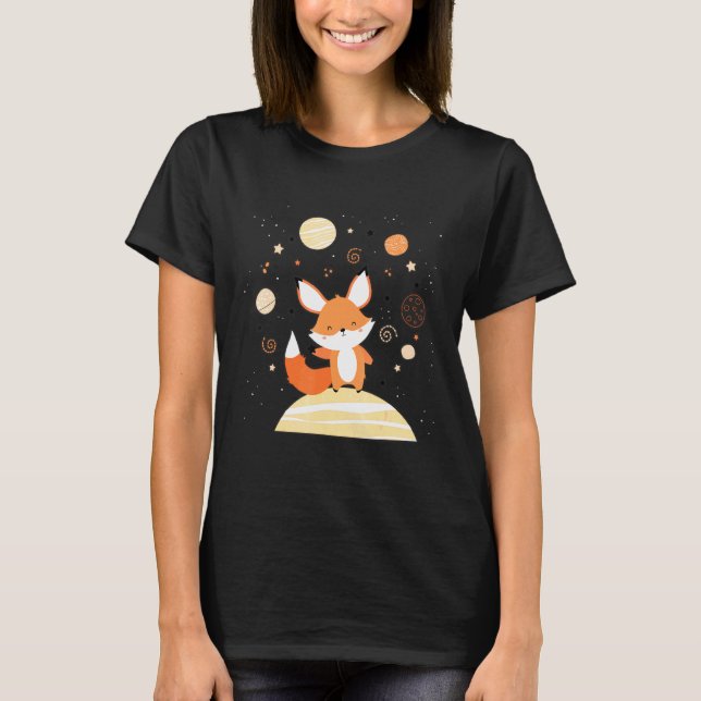 Red Space Fox Float In Space Alone Cosmic Animals T-Shirt (Front)