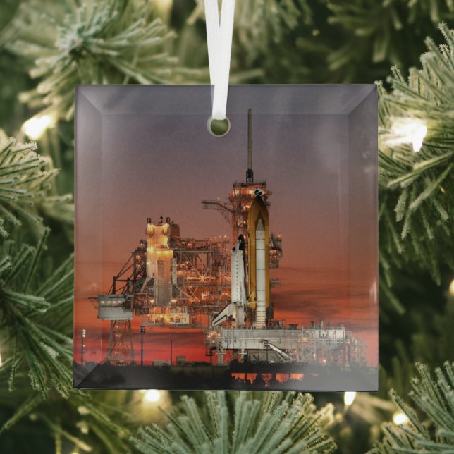 Red Space Shuttle Spaceship Atlantis on Launch Pad Glass Tree Decoration (Insitu)