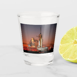 Red Space Shuttle Spaceship Atlantis on Launch Pad Shot Glass