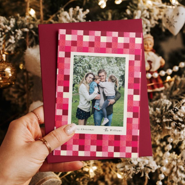 Red Sparkle Chequered Frame Christmas Holiday Card (Creator Uploaded)