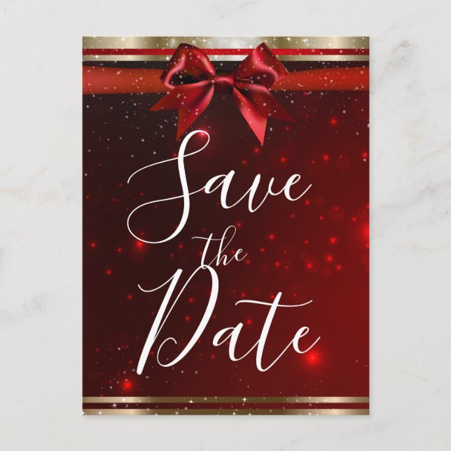 Red Sparkle Chic Bow Elegant Holiday Save the Date Announcement Postcard (Front)