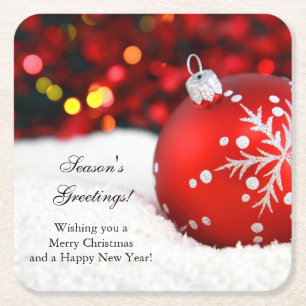 Red Sparkle Christmas Ornament Snow Square Paper Coaster