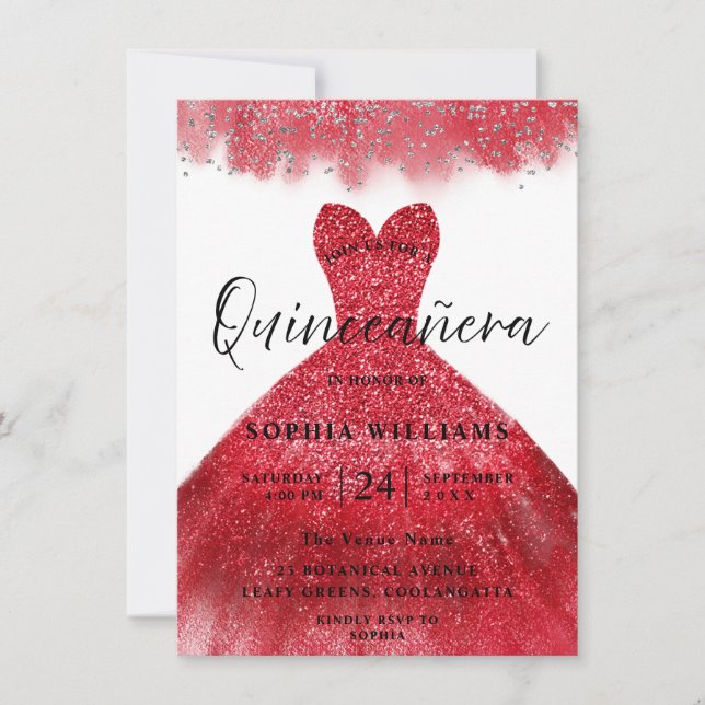 Red Sparkle Dress Quinceanera Party Invitation (Front)