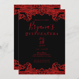 Red Sparkle Glitter Lace Black Quinceañera   Invitation