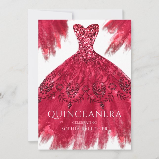 Red Sparkle Gown Elegant Quinceanera Dress Party Invitation (Front)