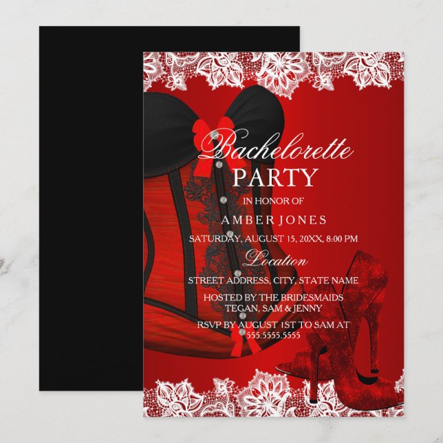 Red Sparkle Heels & Lace Corset Bachelorette Party Invitation (Front/Back)