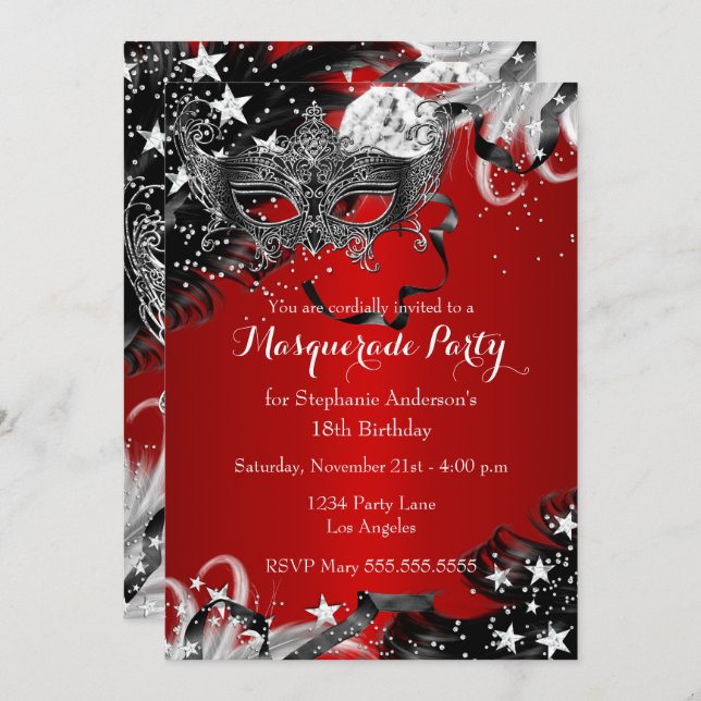Red Sparkle Magical Night Masquerade Party Invite (Front/Back)