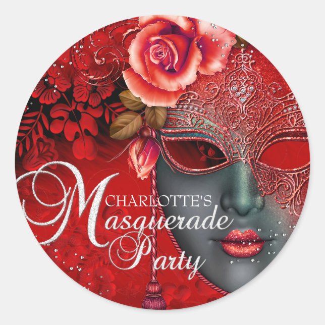 Red Sparkle Mask Masquerade Party Sticker (Front)