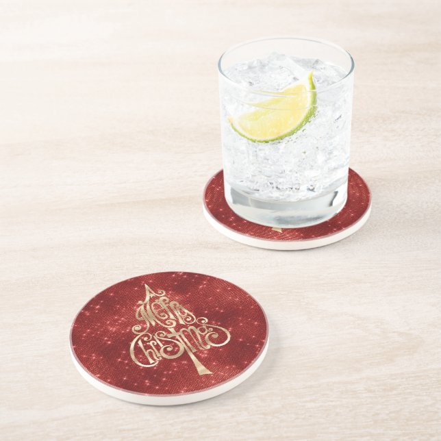 Red Sparkle Merry Christmas Tree Coaster (Side)