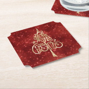 Red Sparkle Merry Christmas Tree Paper Coaster