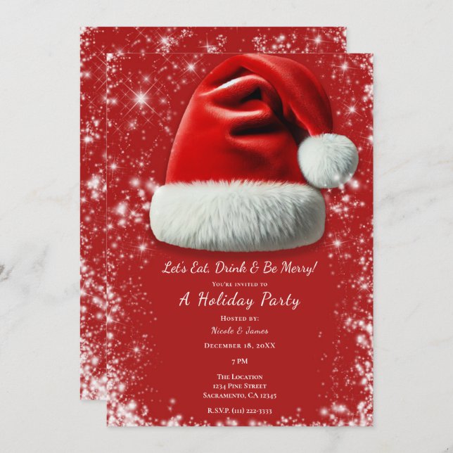 Red Sparkle Santa Hat Holiday Christmas Party Invitation (Front/Back)