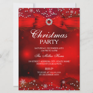Red Sparkle Snowflake & Bow Christmas Party Invite
