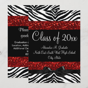 Red Sparkle Zebra Bow Graduation Invitation