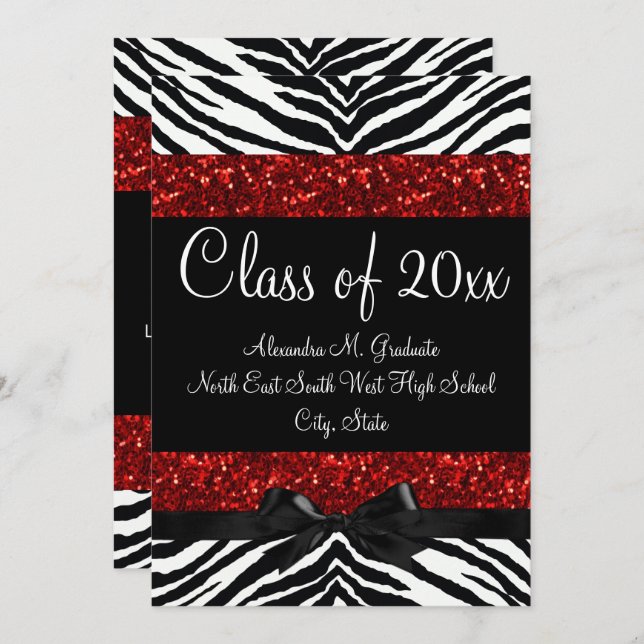 Red Sparkle Zebra Bow Graduation Invitation (Front/Back)