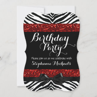 Red Sparkle Zebra Girl's Birthday Invitation