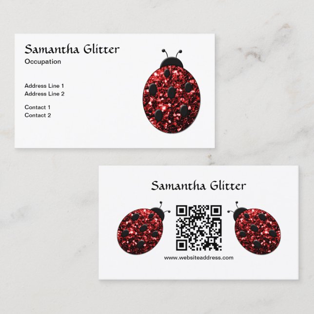 Red sparkles Ladybug Custom QR code White Business Card (Front/Back)