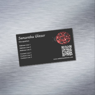 Red sparkles Ladybug QR code black Custom Magnetic Business Card