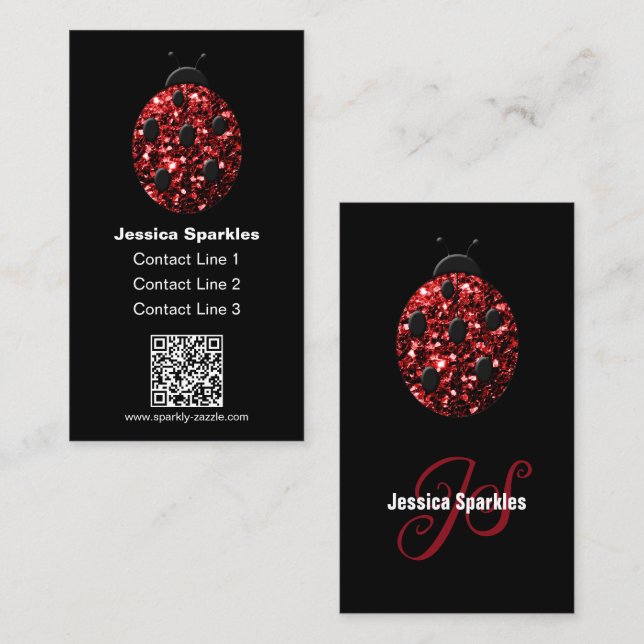 Red sparkles Ladybug QR code Monogram black Custom Business Card (Front/Back)