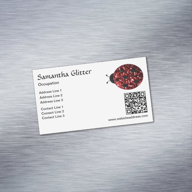 Red sparkles Ladybug QR code white Custom Magnetic Business Card (In Situ)
