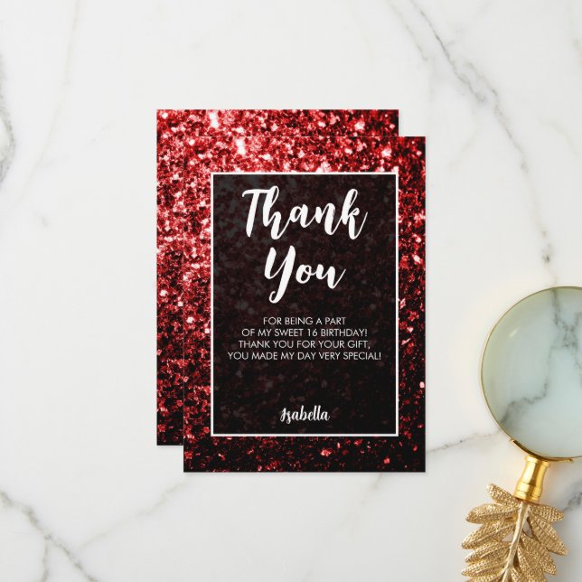 Red sparkles Sweet 16 elegant script Thank You Card (Front/Back In Situ)