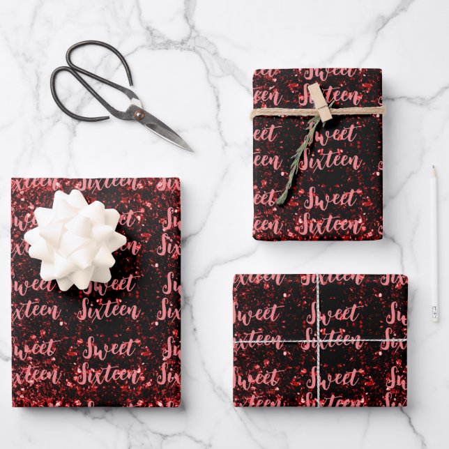 Red sparkles Sweet 16 script pattern Wrapping Paper Sheet (Front)