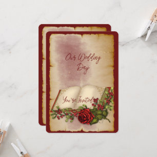 Red Sparkling Roses On Gold Colour Bible Pages  Invitation