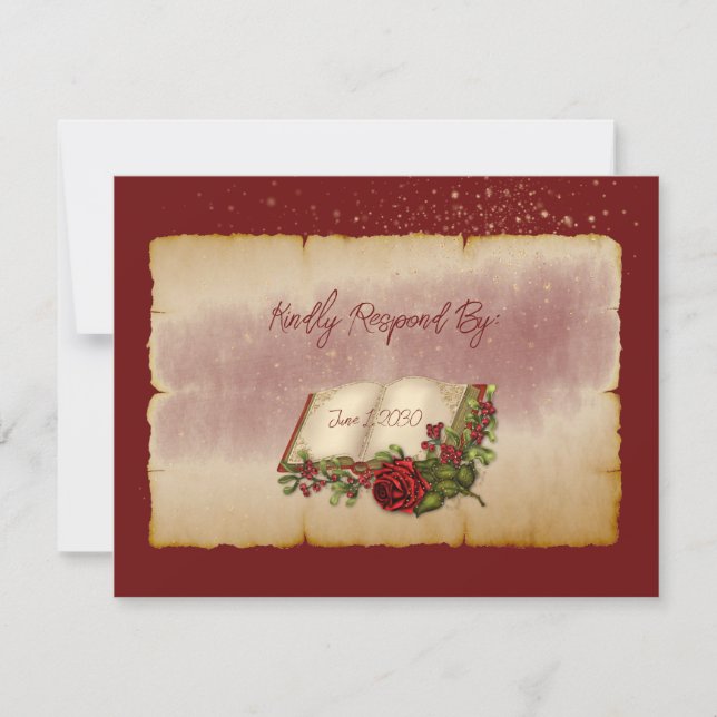 Red Sparkling Roses On Gold Colour Bible Pages RSVP Card (Front)