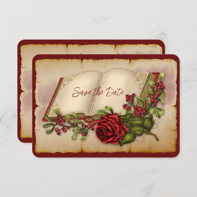 Red Sparkling Roses On Gold Colour Bible Pages  Save The Date (Front/Back)