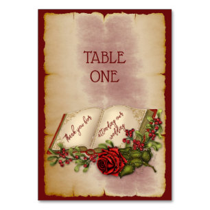 Red Sparkling Roses On Gold Colour Bible Pages   Table Number