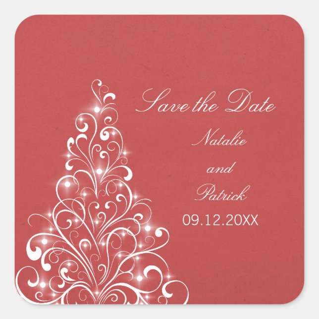 Red Sparkly Holiday Tree Save the Date Stickers (Front)