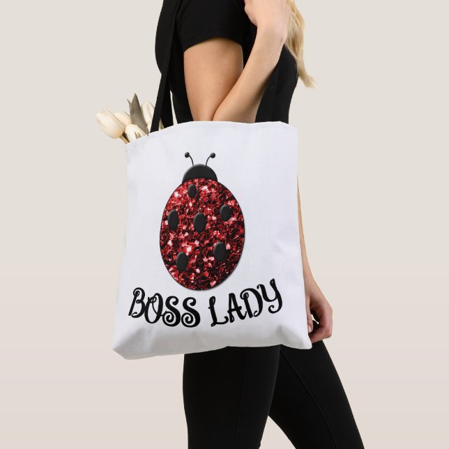 Red sparkly Ladybug BOSS LADY Personalise Tote Bag (Close Up)