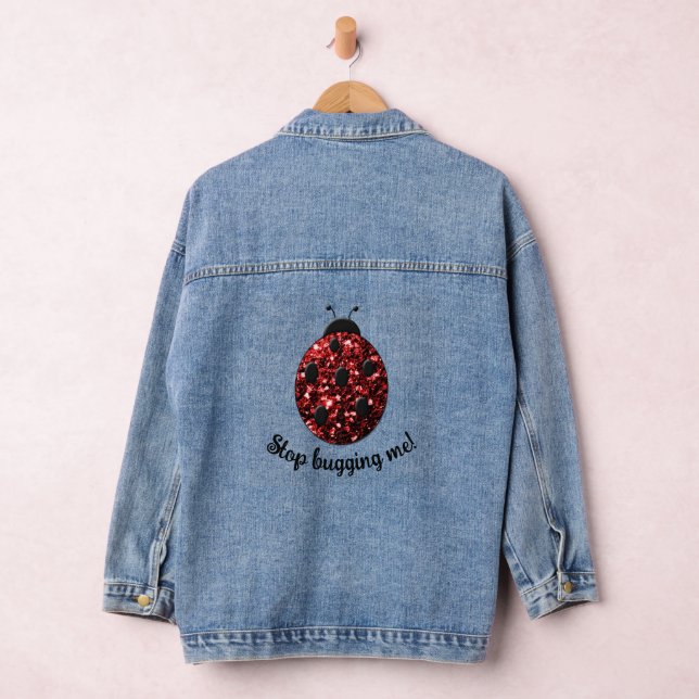 Red sparkly Ladybug Stop Bugging me Personalise Denim Jacket (Hangar)