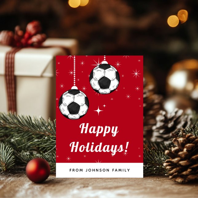 Red & Sparkly Soccer Ball Ornament Sports Theme    Holiday Card (Creator Uploaded)