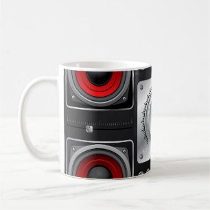 Red speakers with amplifier and control knobs coffee mug